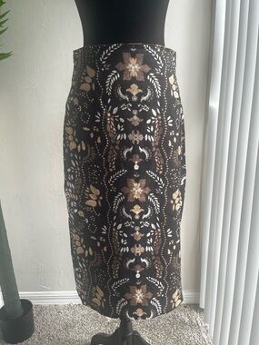 Black Floral Jacquard Pencil Skirt with Gold Accents